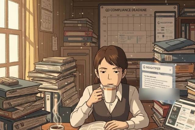 Illustration of a research analyst organising circulars and scattered research sources