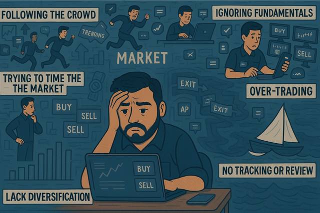 Illustration of an investor reviewing a portfolio to spot and avoid common mistakes