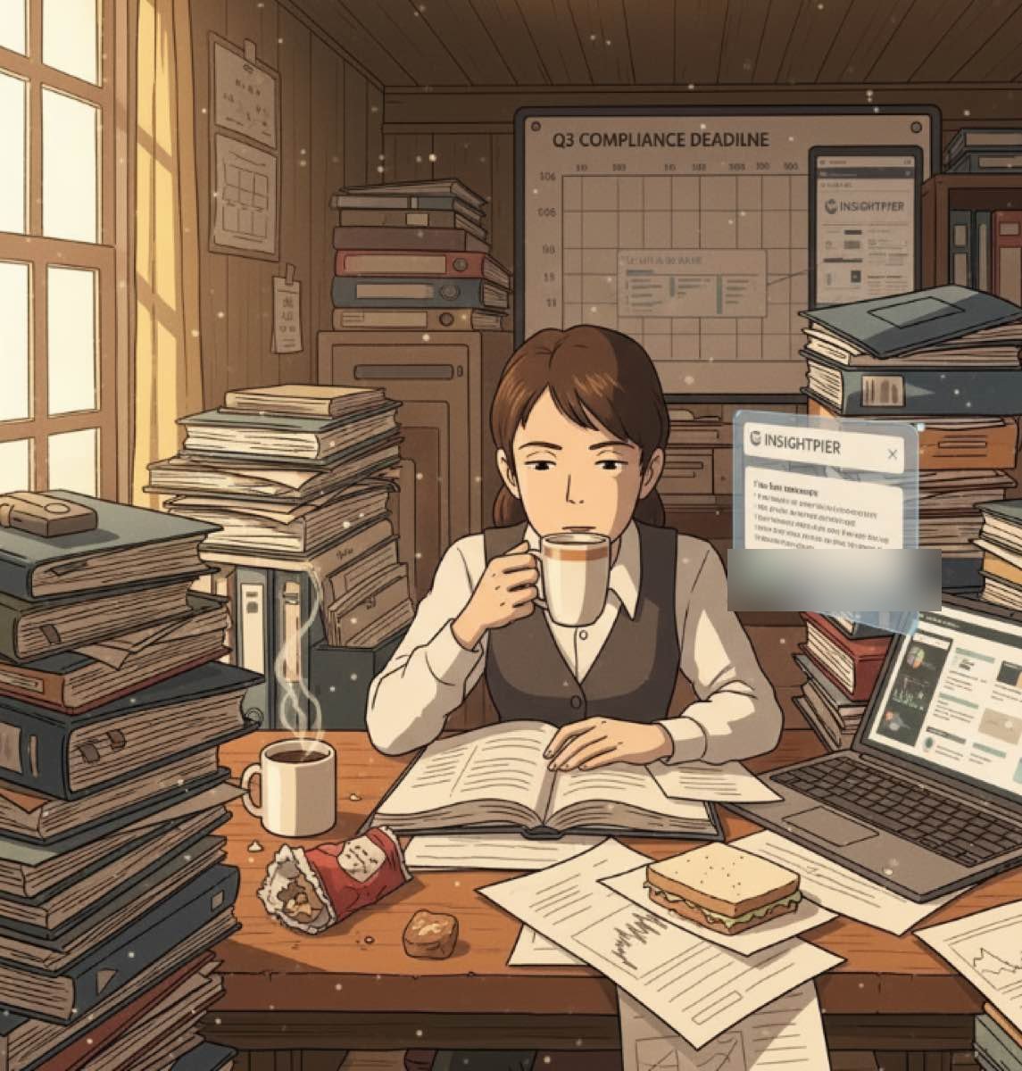 Illustration of a research analyst organising circulars and scattered research sources