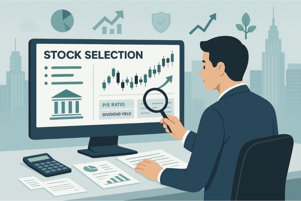 Illustration of a beginner investor researching stocks before investing