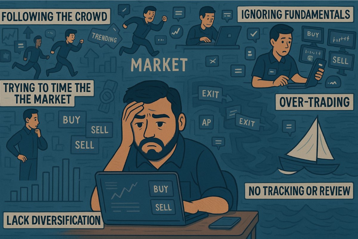 Illustration of an investor reviewing a portfolio to spot and avoid common mistakes