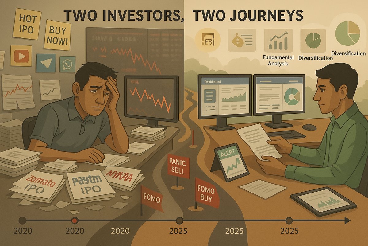 Illustration contrasting two investors' outcomes over five years, one self-directed and one guided by professional advice and a watchlist